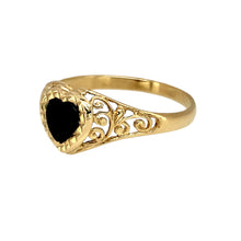 Load image into Gallery viewer, Preowned 9ct Yellow Gold &amp; Onyx Set Heart Signet Ring in size Q with the weight 1.30 grams. The onyx stone is 6mm diameter
