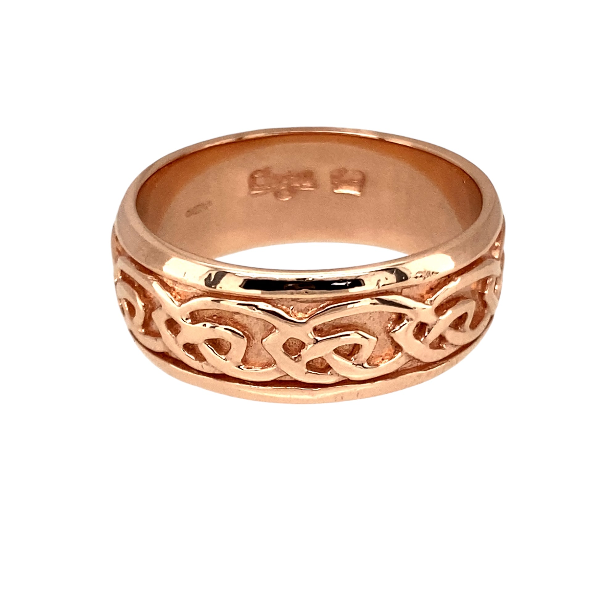 Preowned 9ct Rose Gold Clogau Annwyl Celtic Knot Band Ring in size Q with the weight 6.80 grams. The band is 8mm wide
