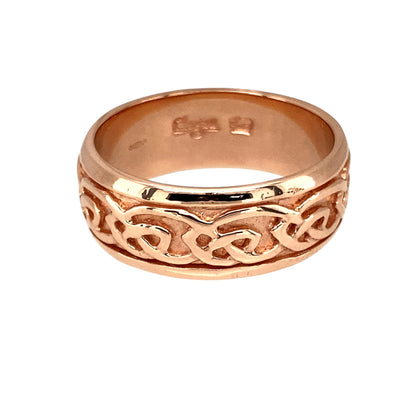 Preowned 9ct Rose Gold Clogau Annwyl Celtic Knot Band Ring in size Q with the weight 6.80 grams. The band is 8mm wide
