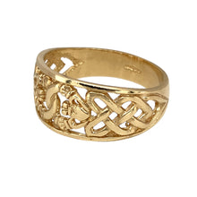 Load image into Gallery viewer, New 9ct Yellow Gold Claddagh Celtic Wide Band Ring in size W with the weight 5.20 grams. The front of the band is 11mm high
