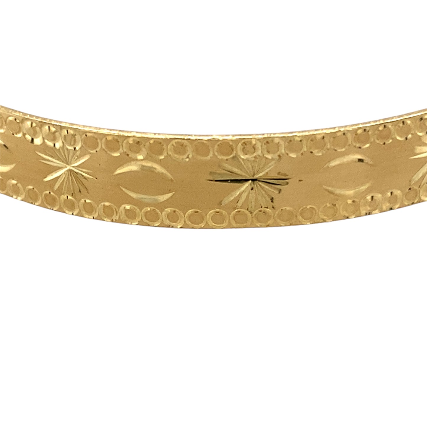 New 9ct Yellow Solid Gold Patterned Bangle with the weight approximately 14 grams and bangle width 8mm. The bangle diameter is 6.5cm