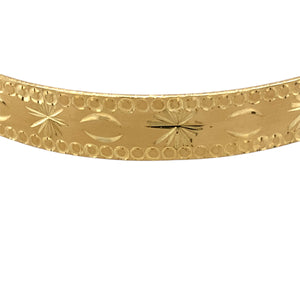 New 9ct Yellow Solid Gold Patterned Bangle with the weight approximately 14 grams and bangle width 8mm. The bangle diameter is 6.5cm
