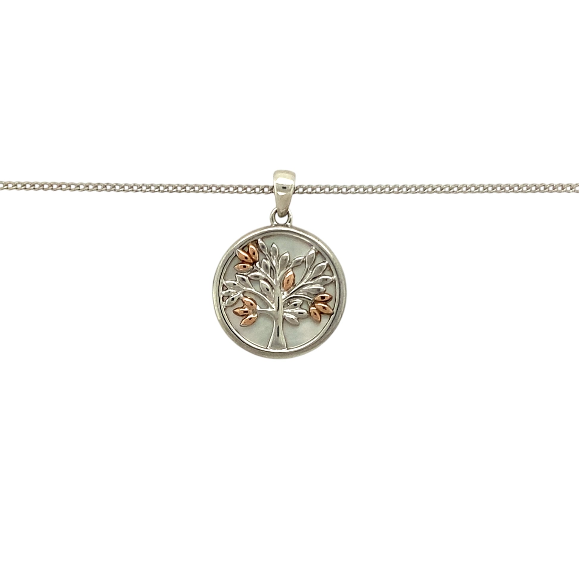 Preowned 925 Silver with 9ct Rose Gold Clogau & Mother of Pearl Clogau Tree of Life Pendant on an adjustable 19", 21" - 23" Clogau curb chain with the weight 6.10 grams. The pendant is 2.5cm long including the bail
