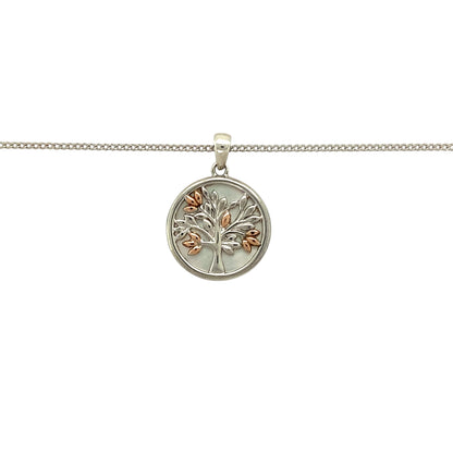 Preowned 925 Silver with 9ct Rose Gold Clogau & Mother of Pearl Clogau Tree of Life Pendant on an adjustable 19", 21" - 23" Clogau curb chain with the weight 6.10 grams. The pendant is 2.5cm long including the bail