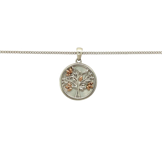 Preowned 925 Silver with 9ct Rose Gold Clogau & Mother of Pearl Clogau Tree of Life Pendant on an adjustable 19", 21" - 23" Clogau curb chain with the weight 6.10 grams. The pendant is 2.5cm long including the bail
