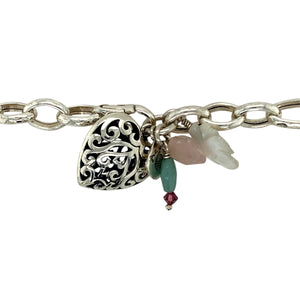 Preowned 925 Silver & Gemstone and Filigree Style Patterned Heart 18" Figaro Chain with the weight 38.60 grams. The link width is 10mm and the large heart pendant is 25mm by 24mm