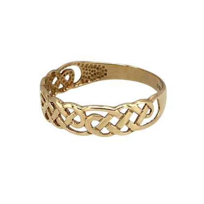 Preowned 9ct Yellow Gold Celtic Knot Band Ring in size O with the weight 1.10 grams. The front of the band is 5mm wide