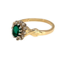 Load image into Gallery viewer, Preowned 9ct Yellow and White Gold Diamond &amp; Green Stone Set Cluster Ring in size L with the weight 2.30 grams. The emerald coloured green stone is 6mm by 4mm and there is approximately 0.10ct of diamond content set in total
