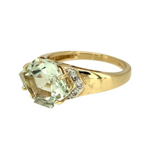 Load image into Gallery viewer, Preowned 9ct Yellow and White Gold Light Green &amp; Cubic Zirconia Set Dress Ring in size N with the weight 4 grams. The light green/aqua coloured stone is 10mm by 13mm
