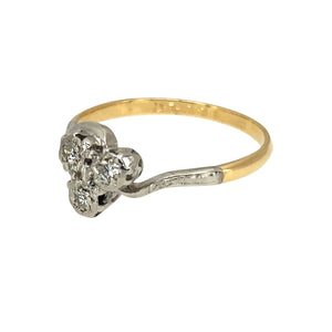Preowned 18ct Yellow Gold & Platinum Diamond Set Vintage Three Stone Ring in size P with the weight 2.30 grams. The front of the ring is 8mm high