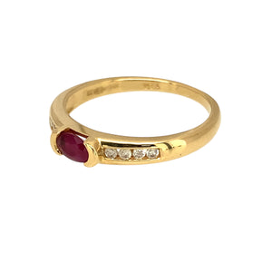 Preowned 18ct Yellow Gold Diamond & Ruby Set Ring in size N with the weight 2.80 grams. The ruby stone is 6mm by 3mm