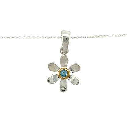 925 Silver & Blue Topaz Set Flower March Birthstone 16" - 18" Necklace