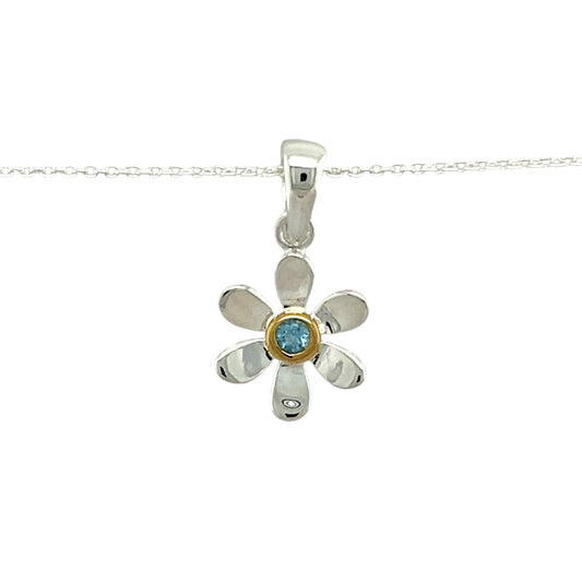 925 Silver & Blue Topaz Set Flower March Birthstone 16" - 18" Necklace