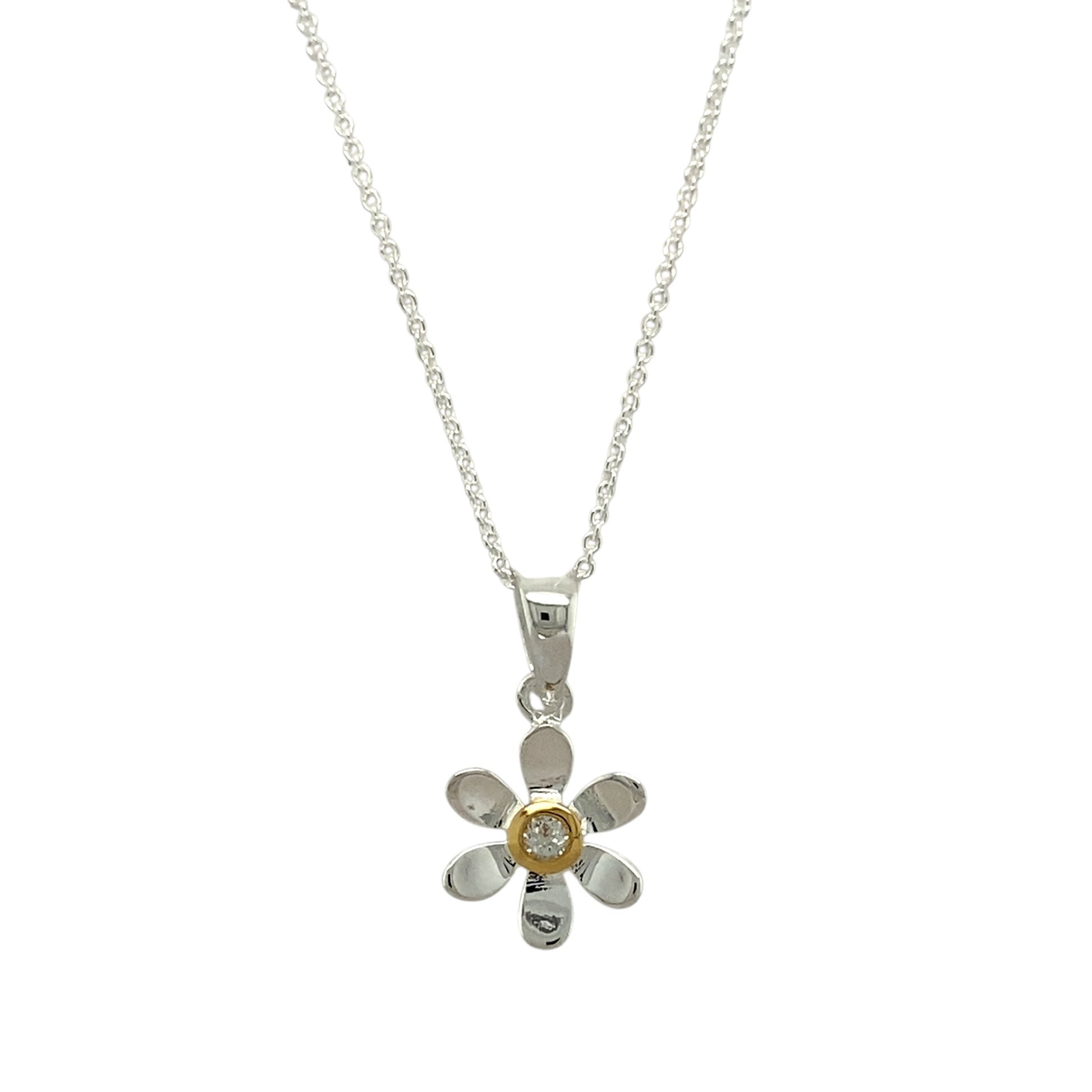 925 Silver & White Topaz Set Flower April Birthstone 16" - 18" Necklace