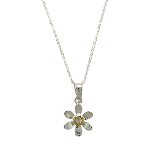 925 Silver & White Topaz Set Flower April Birthstone 16" - 18" Necklace