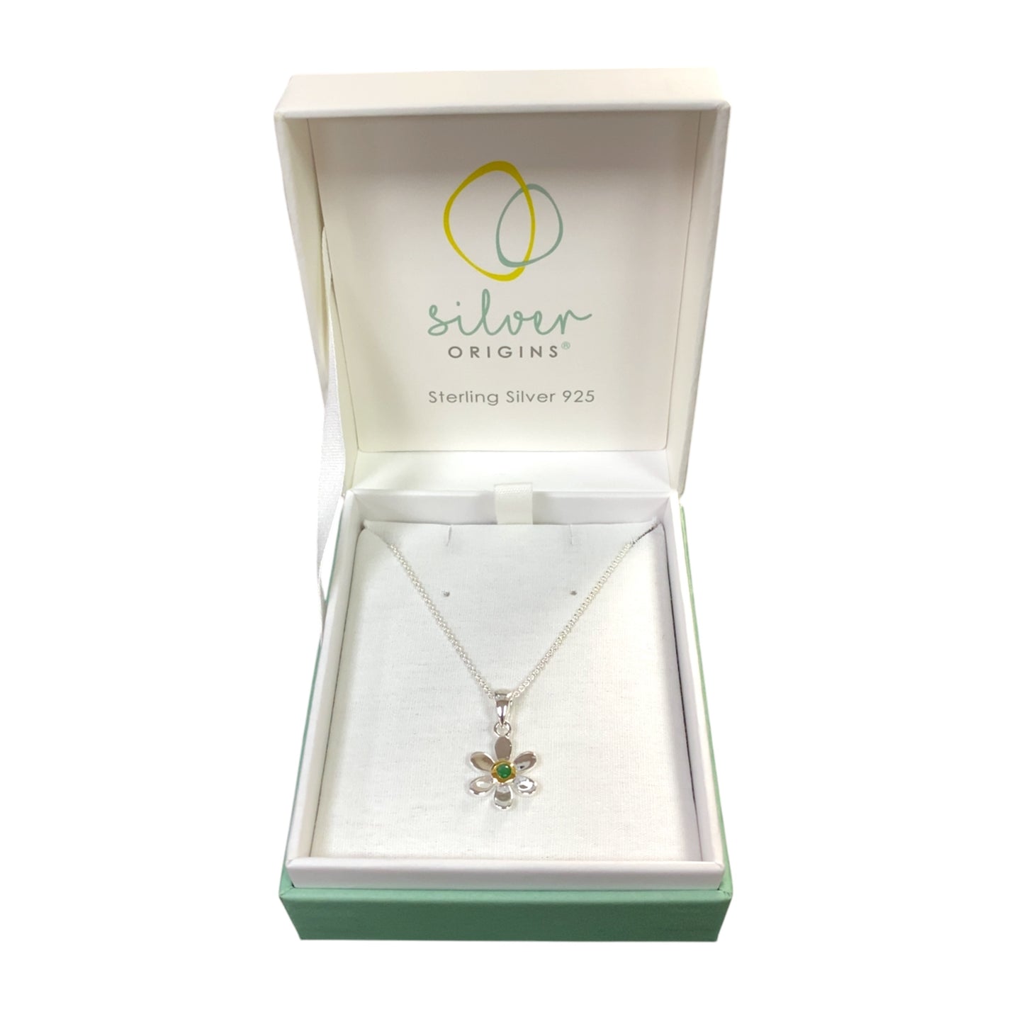 925 Silver & Emerald Set Flower May Birthstone 16" - 18" Necklace
