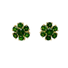 Load image into Gallery viewer, Add a touch of natural beauty to your jewellery collection with these pre-owned 9ct yellow gold &amp; chrome diopside set flower cluster stud earrings, featuring:

Design: A charming flower cluster design, offering a delicate and elegant look.
Material: Crafted in 9-carat yellow gold, providing a warm and timeless appeal.
Gemstones: Each earring showcases a vibrant 4mm diameter chrome diopside-coloured green stone at the centre, surrounded by sparkling accents for added brilliance.

