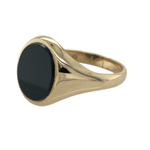 Load image into Gallery viewer, Add bold elegance to your jewellery collection with this pre-owned 9ct yellow gold and onyx set signet ring, featuring:

Design: A classic signet style with a striking onyx centre, offering a strong and sophisticated look.
Material: 9-carat yellow gold, providing a rich, polished finish that complements the dark onyx.
Gemstone Detail: Set with an 11mm by 10mm onyx stone, creating a bold focal point with timeless appeal.
Size &amp; Weight: Designed in size S and weighs 3.80 grams, ensuring a comfortable and well
