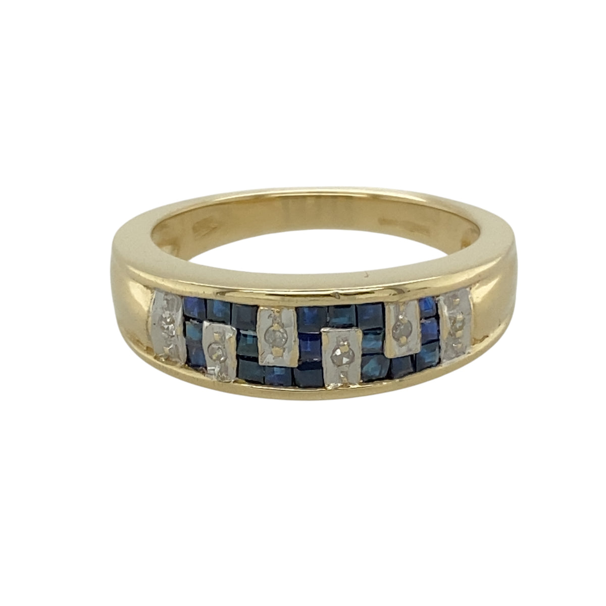 9ct Gold Diamond & Sapphire Set Greek Key Style Band Ring