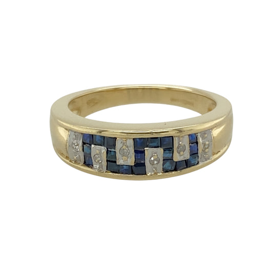 9ct Gold Diamond & Sapphire Set Greek Key Style Band Ring