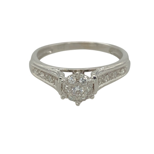 9ct White Gold & Diamond Set Cluster Illusion Solitaire Ring