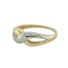 Load image into Gallery viewer, Add contemporary charm to your jewellery collection with this pre-owned 9ct yellow and white gold open weave crossover band ring, featuring:

Design: A stylish open weave crossover design that blends yellow and white gold for a modern, textured look.
Material: 9-carat yellow and white gold, offering a striking contrast with a polished, elegant finish.
Ring Front: Measures 6mm wide at the front, creating a bold yet graceful presence on the finger.
Size &amp; Weight: Designed in size M and weighs 1.90 grams
