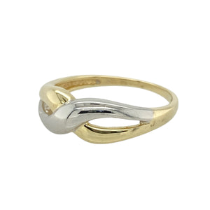 Add contemporary charm to your jewellery collection with this pre-owned 9ct yellow and white gold open weave crossover band ring, featuring:

Design: A stylish open weave crossover design that blends yellow and white gold for a modern, textured look.
Material: 9-carat yellow and white gold, offering a striking contrast with a polished, elegant finish.
Ring Front: Measures 6mm wide at the front, creating a bold yet graceful presence on the finger.
Size & Weight: Designed in size M and weighs 1.90 grams