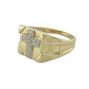 Add meaningful style to your collection with this pre-owned 9ct yellow and white gold diamond set cross signet ring, featuring:

Design: A bold signet ring with a white gold cross set at the centre, accented by sparkling diamonds and framed in warm yellow gold—combining symbolism with timeless style.
Material: 9-carat yellow and white gold, offering a striking two-tone finish that enhances the contrast between the cross detail and the polished band.
