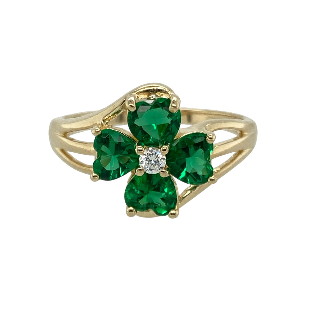 9ct Gold Green Stone & Cubic Zirconia Set Flower Ring