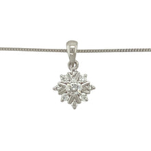 Load image into Gallery viewer, Add a celestial touch of sparkle to your jewellery collection with this pre-owned 9ct white gold diamond set star cluster pendant necklace, perfect for bringing subtle brilliance and charm to any look:

Design: This dazzling pendant features a delicate star-shaped cluster design, set with brilliant-cut diamonds that catch the light from every angle, creating a radiant, starry sparkle.

