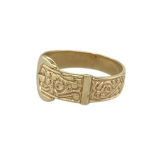 Load image into Gallery viewer, Bring sweet tradition to a little one’s collection with this pre-owned 9ct yellow gold patterned children&#39;s buckle ring, offering a charming design with symbolic meaning—perfect for keepsake gifting or first jewellery pieces.

Design: The ring features a detailed buckle motif, symbolising strength, protection, and everlasting love, with engraved patterning that adds vintage-style character.
Material: Made from 9-carat yellow gold, the polished finish highlights the intricate design and gives a warm
