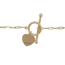 Load image into Gallery viewer, Bring romantic charm and contemporary style to your collection with this pre-owned 9ct yellow gold heart tag T-bar paperclip link necklace, combining timeless symbols with a modern silhouette—perfect for everyday elegance or a meaningful gift.

Design: The necklace features slender 2mm wide paperclip links and a T-bar clasp, finished with an 11mm heart tag for a sweet and stylish touch.

