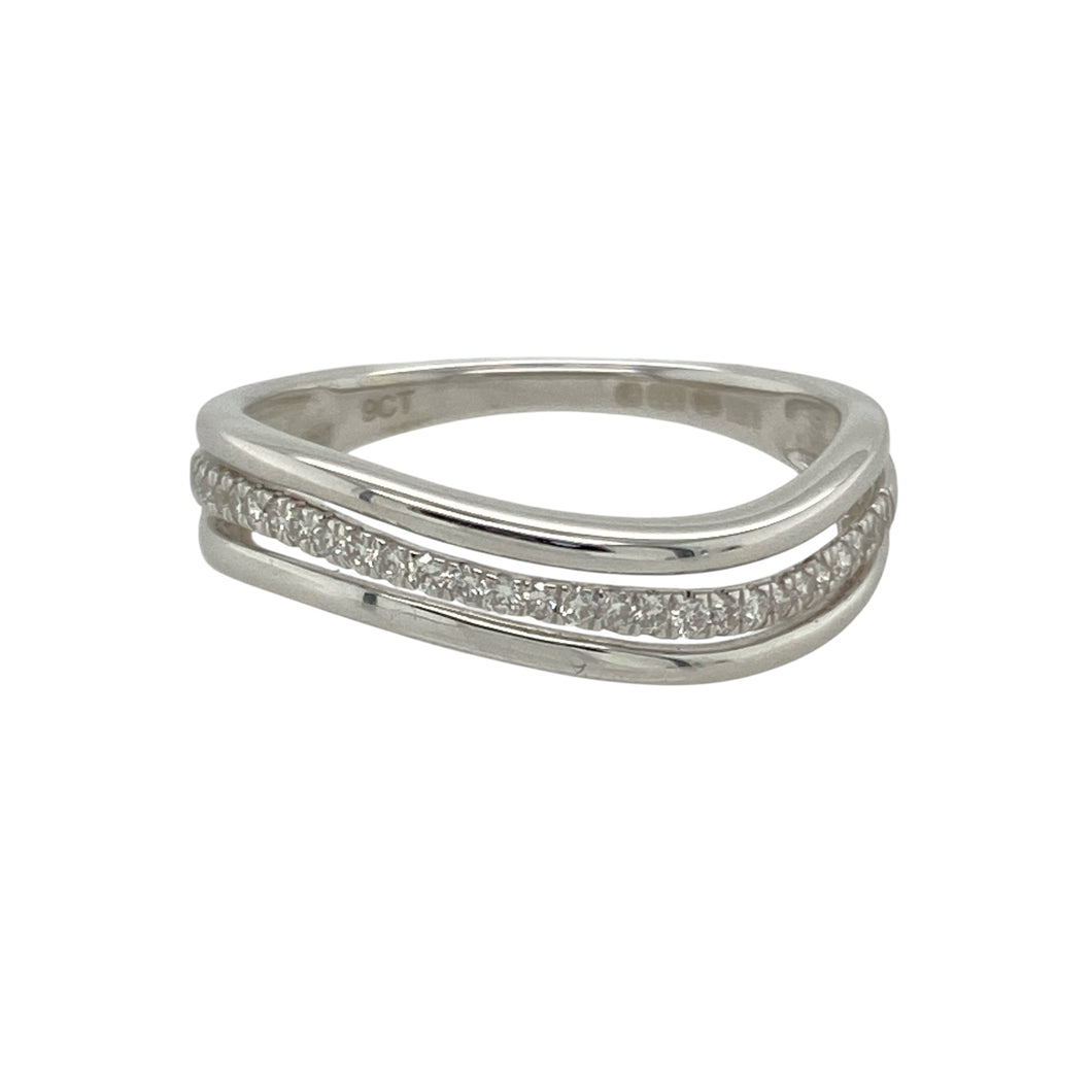 9ct White Gold & Diamond Set Wavey Band Ring