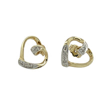 Load image into Gallery viewer, Bring romantic sparkle and timeless charm to your collection with these pre-owned 9ct yellow gold diamond set open heart stud earrings, featuring a sweet and subtle design—perfect for everyday wear or thoughtful gifting.

Design: Each earring features an open heart outline set with a delicate row of diamonds, offering a light and elegant expression of love and affection.
Material: Made from 9-carat yellow gold, the polished finish adds warmth and enhances the sparkle of the diamond accents.

