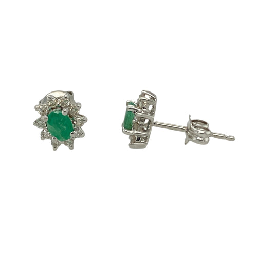 9ct White Gold Diamond & Emerald Set Cluster Stud Earrings