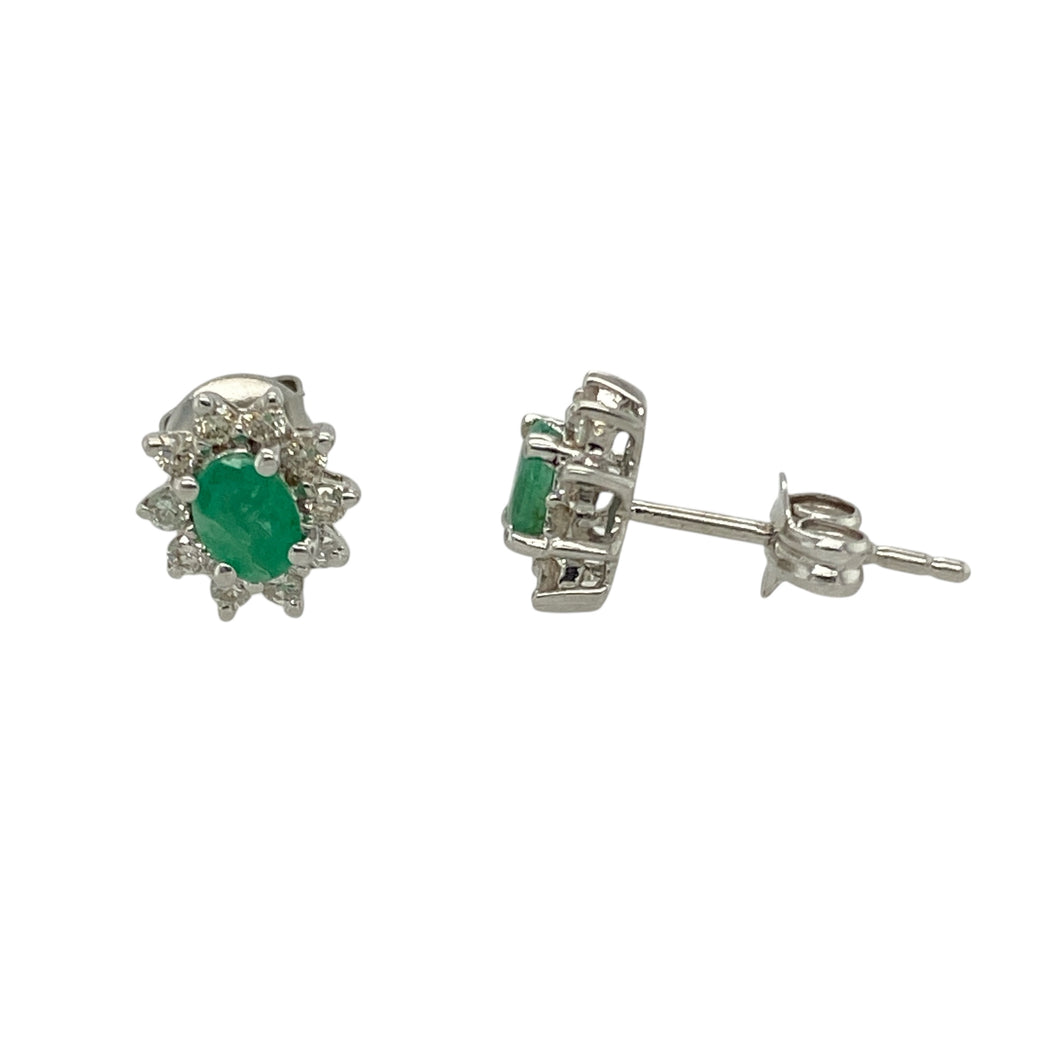 9ct White Gold Diamond & Emerald Set Cluster Stud Earrings