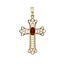 Load image into Gallery viewer, Add meaningful beauty and rich colour to your collection with this pre-owned 9ct yellow gold garnet set open patterned cross pendant—a graceful blend of faith and elegance.

Design: This openwork cross pendant features a decorative, filigree-style design with a 6mm by 4mm oval-cut garnet at the centre, adding depth and a striking splash of deep red.
Material: Made from 9-carat yellow gold, the polished finish complements the warm tones of the garnet and enhances the intricate open pattern.

