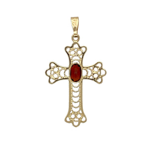 Add meaningful beauty and rich colour to your collection with this pre-owned 9ct yellow gold garnet set open patterned cross pendant—a graceful blend of faith and elegance.

Design: This openwork cross pendant features a decorative, filigree-style design with a 6mm by 4mm oval-cut garnet at the centre, adding depth and a striking splash of deep red.
Material: Made from 9-carat yellow gold, the polished finish complements the warm tones of the garnet and enhances the intricate open pattern.
