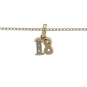 Celebrate a milestone in style with this pre-owned 9ct yellow gold and diamond set '18' pendant necklace—a meaningful piece with a touch of sparkle, perfect for marking a special birthday or occasion.

Design: The pendant features the number '18' in a bold, openwork design, accented with a single diamond for added sparkle. Measuring 1.3cm long including the bail, it offers a subtle yet celebratory look.
