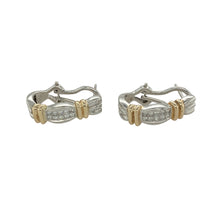 Load image into Gallery viewer, Add modern elegance and two-tone detail to your collection with these pre-owned 9ct white gold diamond set curved half hoop bar stud earrings—perfect for bold styling with refined sparkle.

Design: Each earring features a sleek curved bar design set with sparkling diamonds, accented by polished yellow gold bands that add contrast and visual interest.
Material: Made from 9-carat white and yellow gold, the polished finish highlights the brilliance of the diamonds and the warmth of the yellow gold accents.

