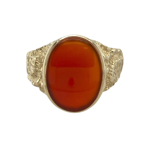 9ct Gold & Carnelian Set Patterned Oval Signet Ring