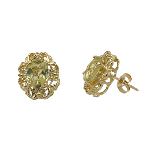 9ct Gold Peridot Green Stone & Cubic Zirconia Set Fancy Stud Earrings