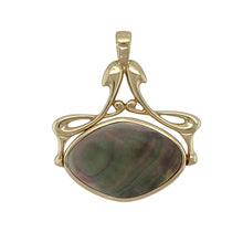 Load image into Gallery viewer, Add vintage charm and unique versatility to your collection with this pre-owned 9ct yellow gold and mother of pearl set fob pendant—featuring a reversible design for two elegant looks in one.

Design: The pendant showcases an oval-shaped mother of pearl inlay measuring 24mm by 16mm, with a pink/white pearl colour on one side and a grey pearl colour on the other, allowing it to be turned to suit your style.


