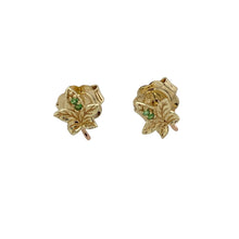 Load image into Gallery viewer, Bring natural elegance and soft colour to your jewellery collection with these pre-owned 9ct yellow and rose gold green stone Clogau leaf stud earrings—a delicate pair inspired by nature and rich in symbolic meaning.

Design: Each earring features a finely crafted leaf motif accented with a vibrant green stone, reflecting themes of growth, renewal, and harmony.

