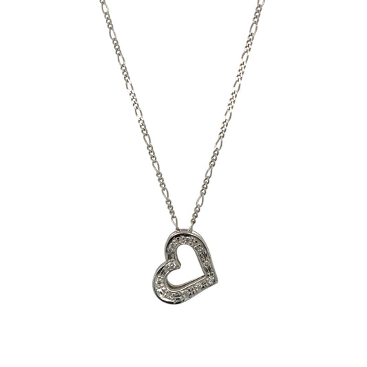 9ct White Gold & Diamond Set Open Heart 18" Necklace