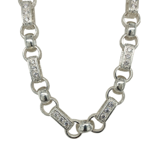 New 925 Silver & Cubic Zirconia Set 24" Patterned Gypsy Style Link Chain