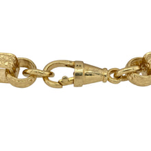 Load image into Gallery viewer, Bring vintage character and bold golden detail to your jewellery collection with this new solid 925 silver heavily 9ct yellow gold plated 8.5&quot; patterned engraved gypsy style link bracelet—a distinctive piece with rich texture and statement appeal.

Design: Featuring 10mm wide gypsy-style links with intricate engraved patterning, this bracelet combines flowing form with detailed craftsmanship.

