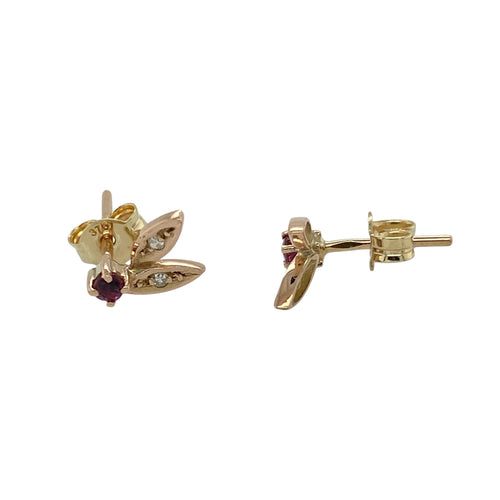 9ct Gold Diamond & Ruby Set Leaf Berry Stud Earrings