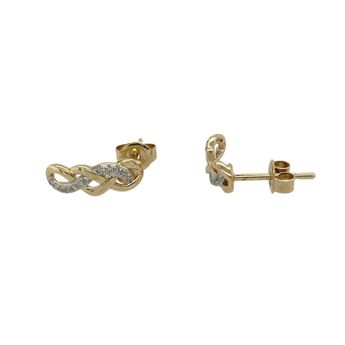 9ct Gold & Diamond Set Plaited Half Bar Stud Earrings