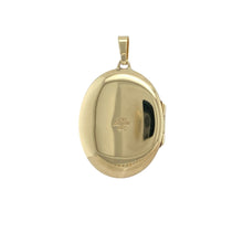 Load image into Gallery viewer, Bring sentimental elegance and subtle sparkle to your collection with this pre-owned 9ct yellow gold and diamond set oval locket—a timeless piece with a refined, personal touch.

Design: This medium-sized polished oval locket features a sleek design with a single diagonal row of diamonds across the front, adding understated brilliance.
Material: Made from 9-carat yellow gold, the smooth, polished finish offers a warm and classic backdrop for the diamond detail.

